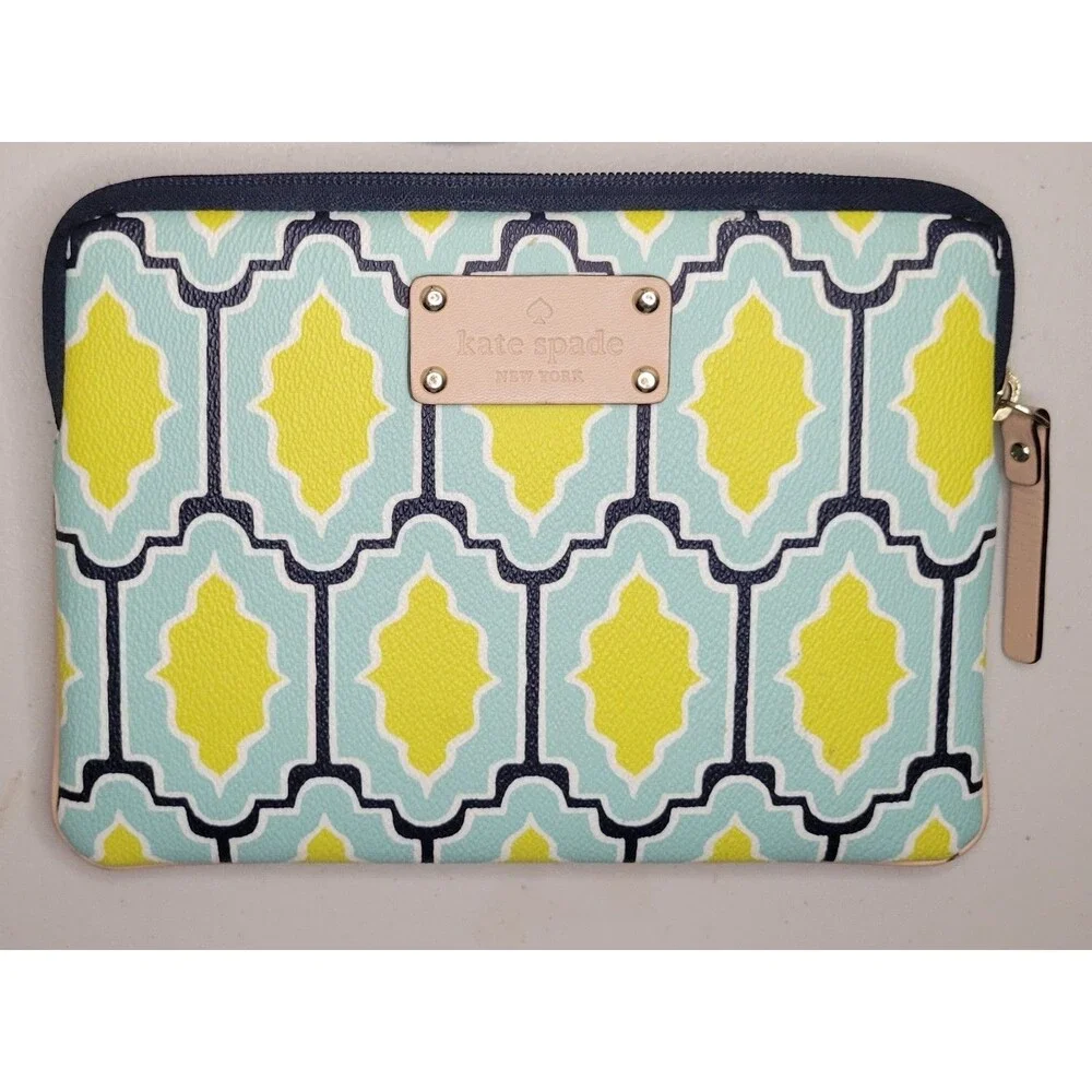 EUC Kate Spade Geometric Tablet Sleeve Pouch Teal Yellow Scallop Padded Gold Zip